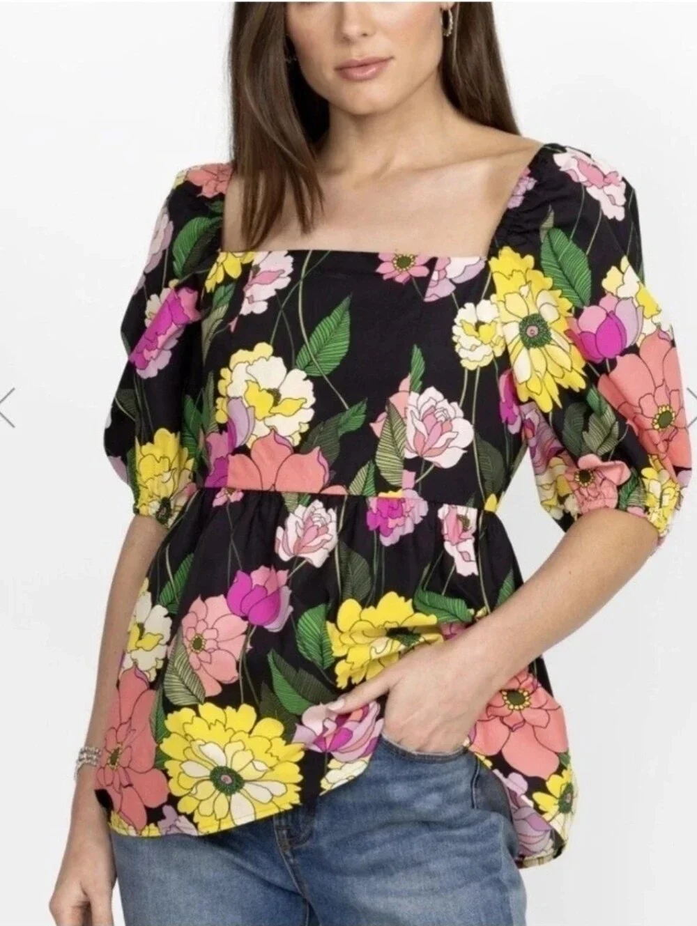 Johnny Was Jade Top Puff Sleeve Colorful Floral Peplum Smocked Size Small